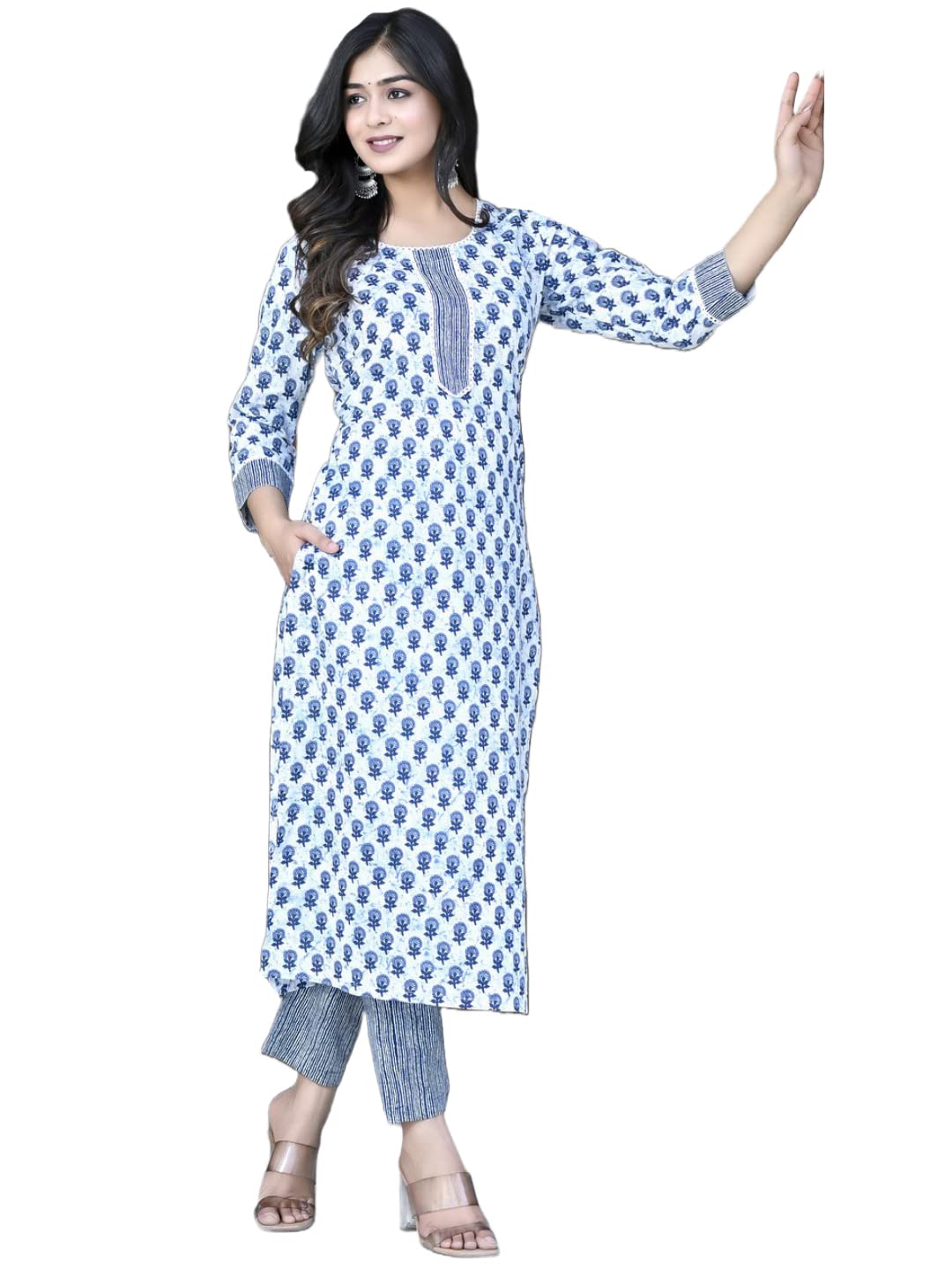 Gosriki Women'S Cotton Blend Straight Printed Kurta With Pant Set (Bitiya Blue-Cmd-Gs_S_Blue_Small),Blue,,B0C6QM8126