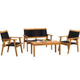 Devoko 4 Pieces Acacia Wood Patio Conversation Sets, Patio Furniture Set with Hand Woven Rope Seats and Back, Outdoor Chair and 