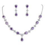 EleQueen Women's Silver-tone Cubic Zirconia Teardrop Flower Bridal V-Necklace Set Dangle Earrings Amethyst Color