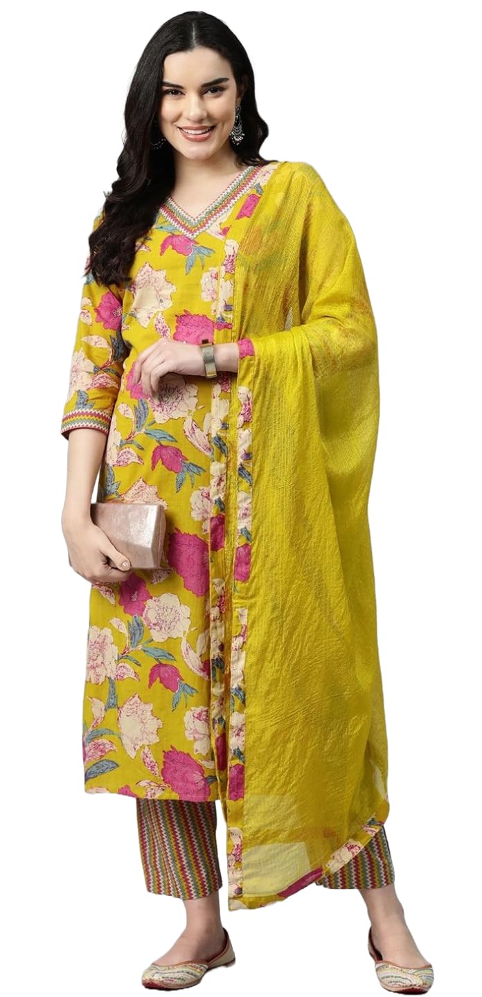 Anni Designer Women'S Cotton Blend Straight Printed Kurta With Pant & Dupatta (Ganita Mustard_L_Mustard_Large),Mustard,L