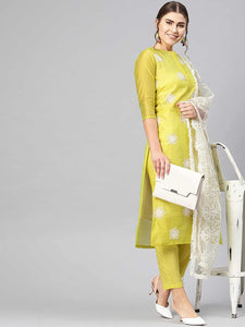 Anni Designer Women Cotton Blend Kurti Pant And Dupatta Set (White-Show Transparent_S_Transparent_S),Transparent,S,Cotton Blend,Casual,