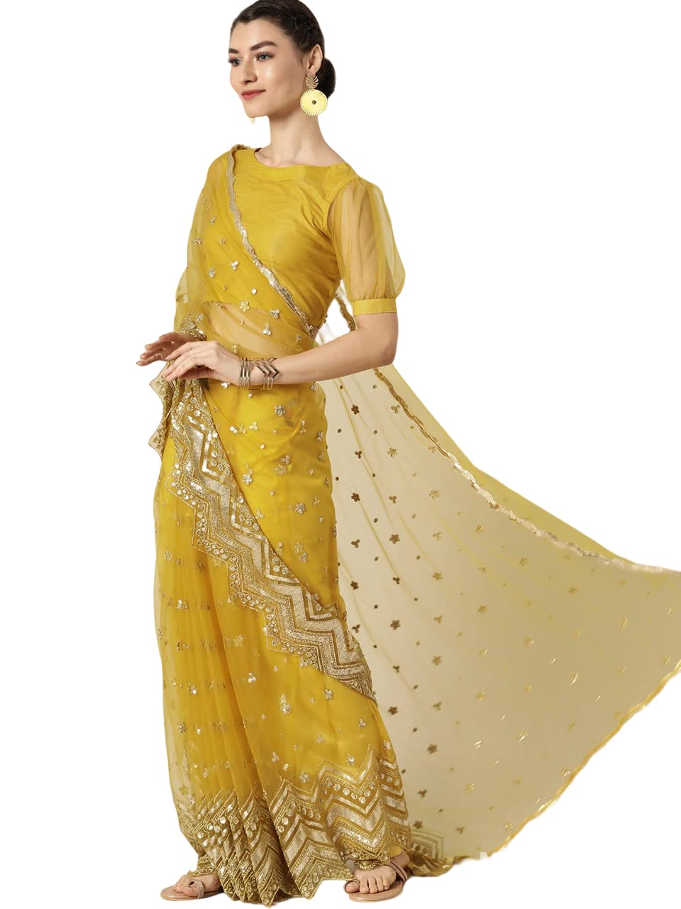 Fashion Basket Women'S Net Yellow Saree With Blouse Piece