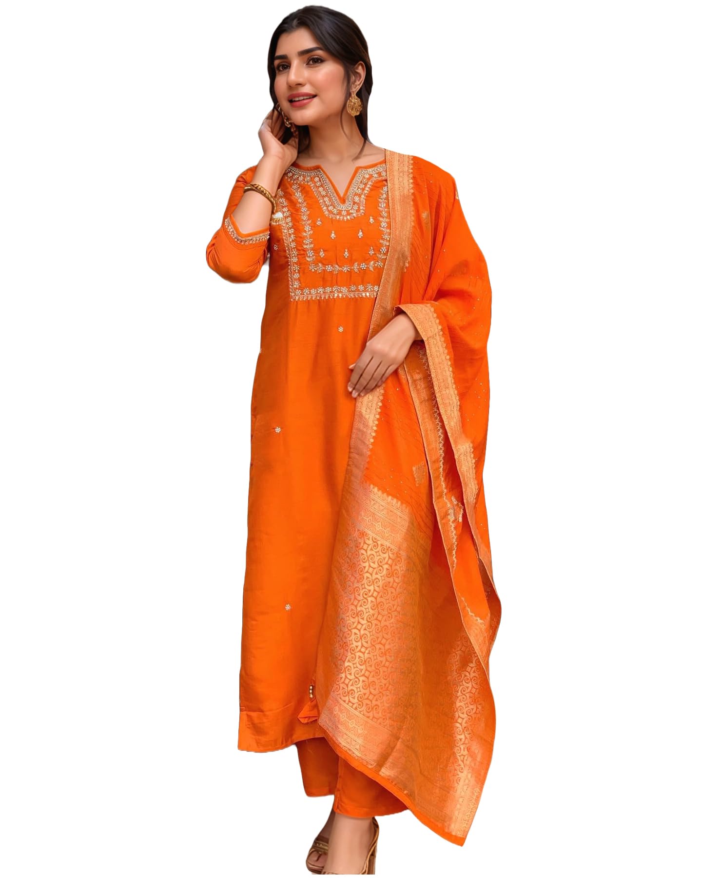 Anni Designer Women'S Silk Blend Straight Embroidered Kurta With Pant & Dupatta (Manushi Orange-Vks02_5Xl_Orange_Xxxxx-Large),Orange,5XL