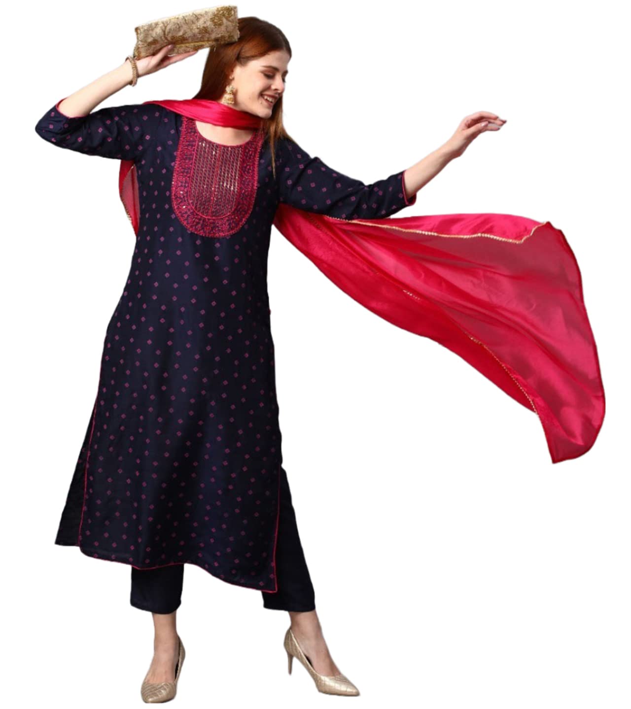 Gosriki Women'S Cotton Blend Printed Straight Kurta With Pant & Dupatta (Bhujia Blue-Nw_M-Gs_Blue_Medium),Blue,,B0BNNLYB8H