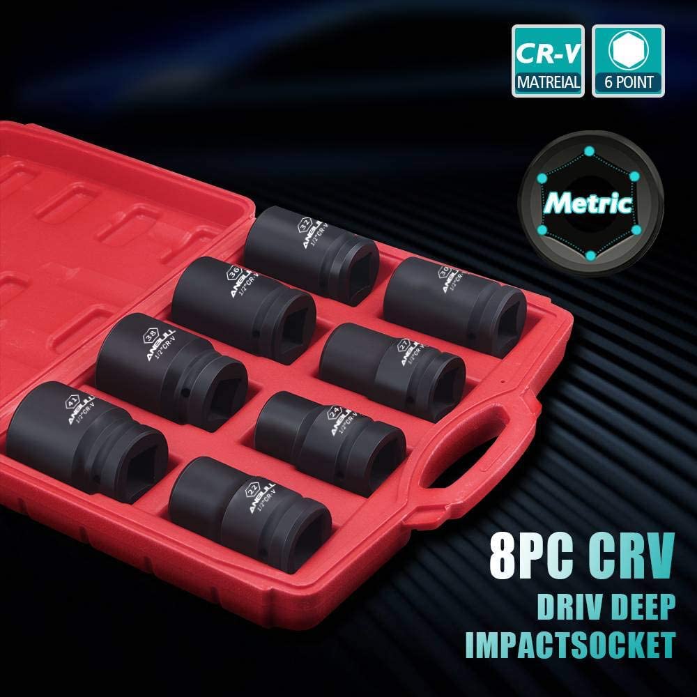 Anbull 1 Drive Jumbo Impact Socket Set, 9 Pieces Universal Hex Deep Socket Set With Heavy Duty Storage Case, Metric And Standa