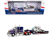 Kenworth W900L with 72 Aerocab Flat Top Sleeper Blue with White Stripes and Fontaine Magnitude Lowboy Trailer with Kenworth W90