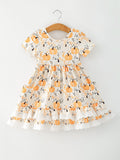 Fall Orange Girls Pumpkin Patch Pockets Dress Lace Trim