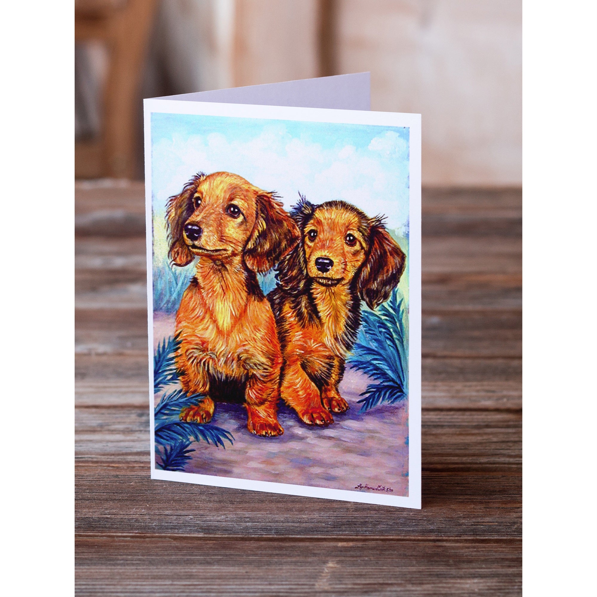 Long Hair Red Dachshund Two Peas Greeting Cards And Envelopes Pack Of 8