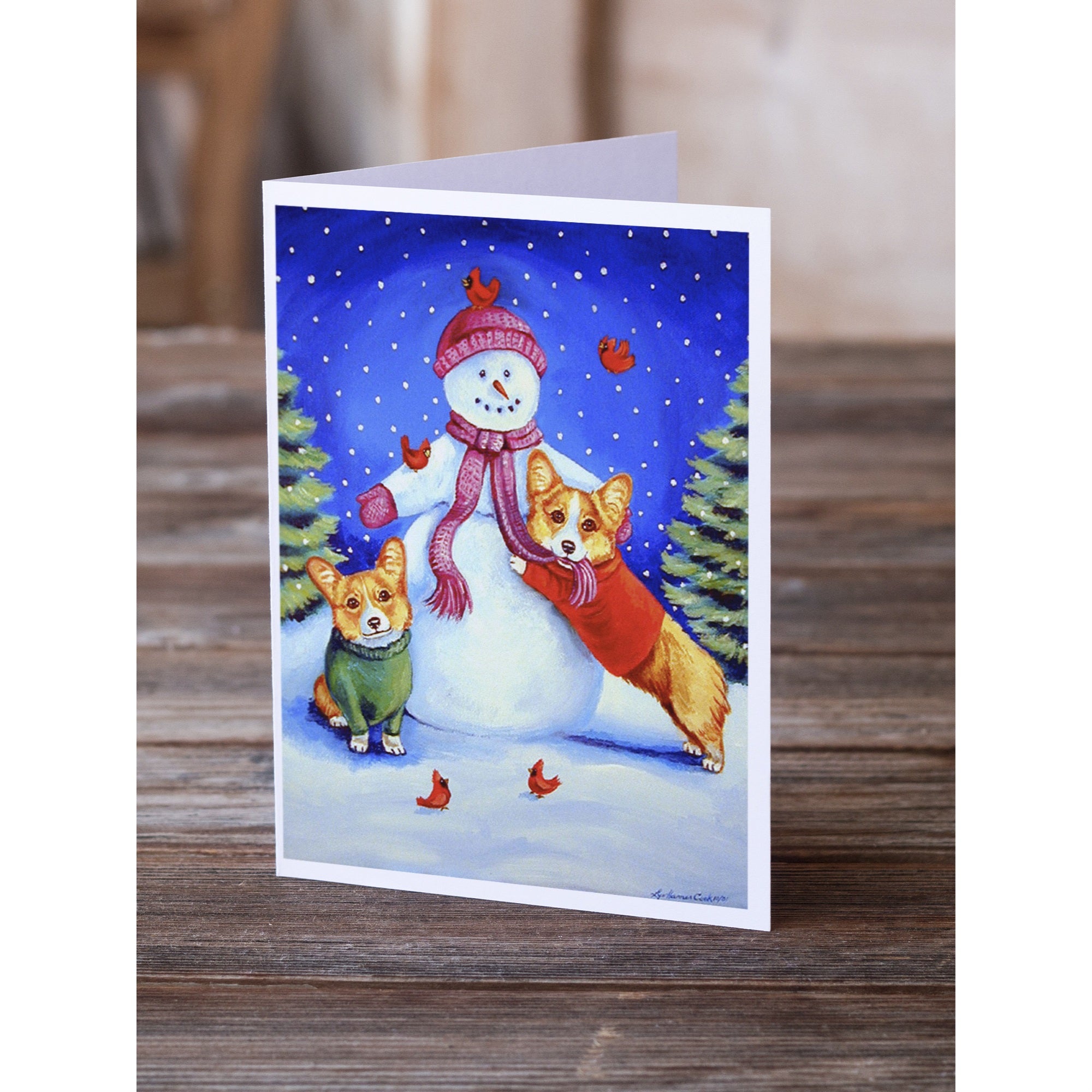 Snowman With Corgi Greeting Cards And Envelopes Pack Of 8