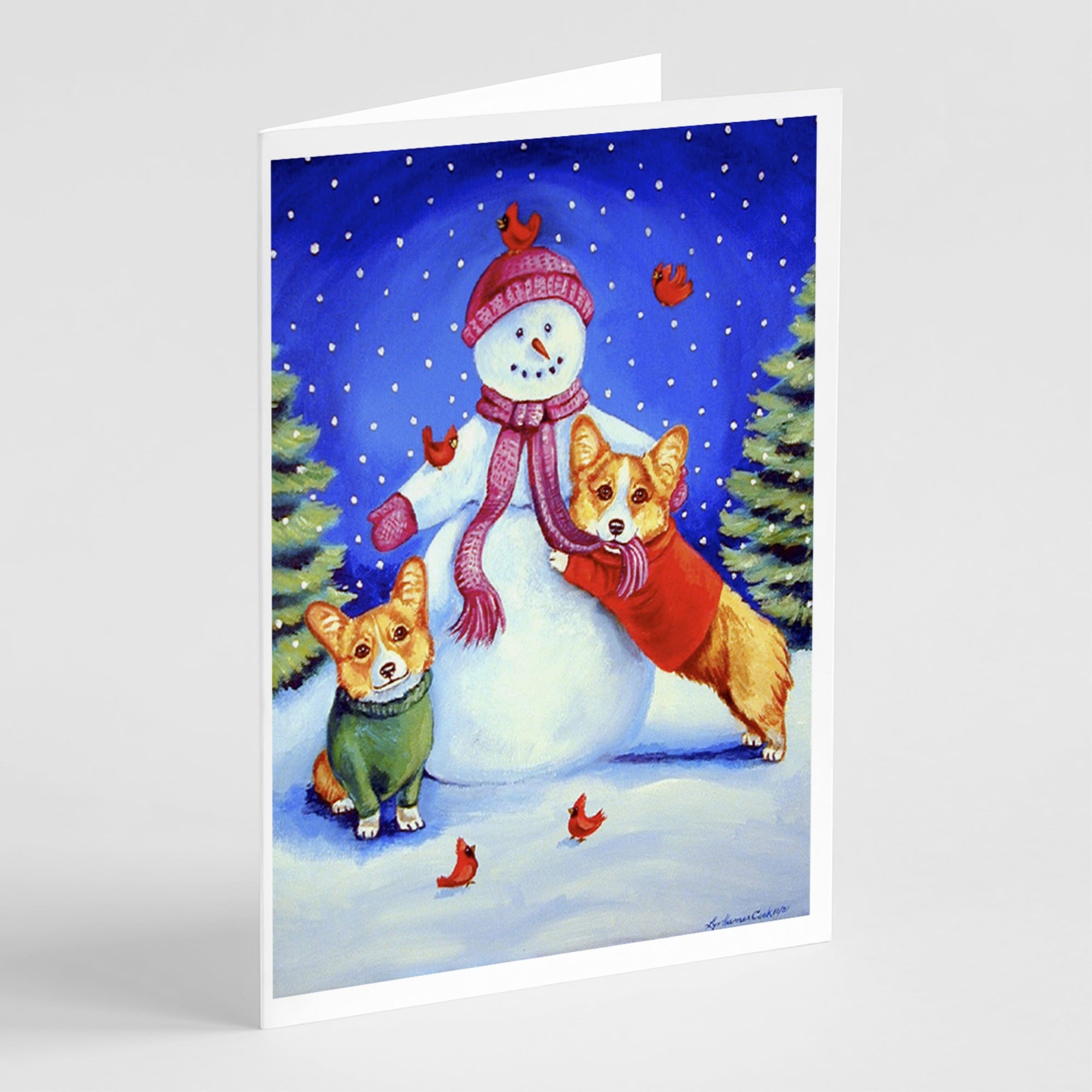 Snowman With Corgi Greeting Cards And Envelopes Pack Of 8
