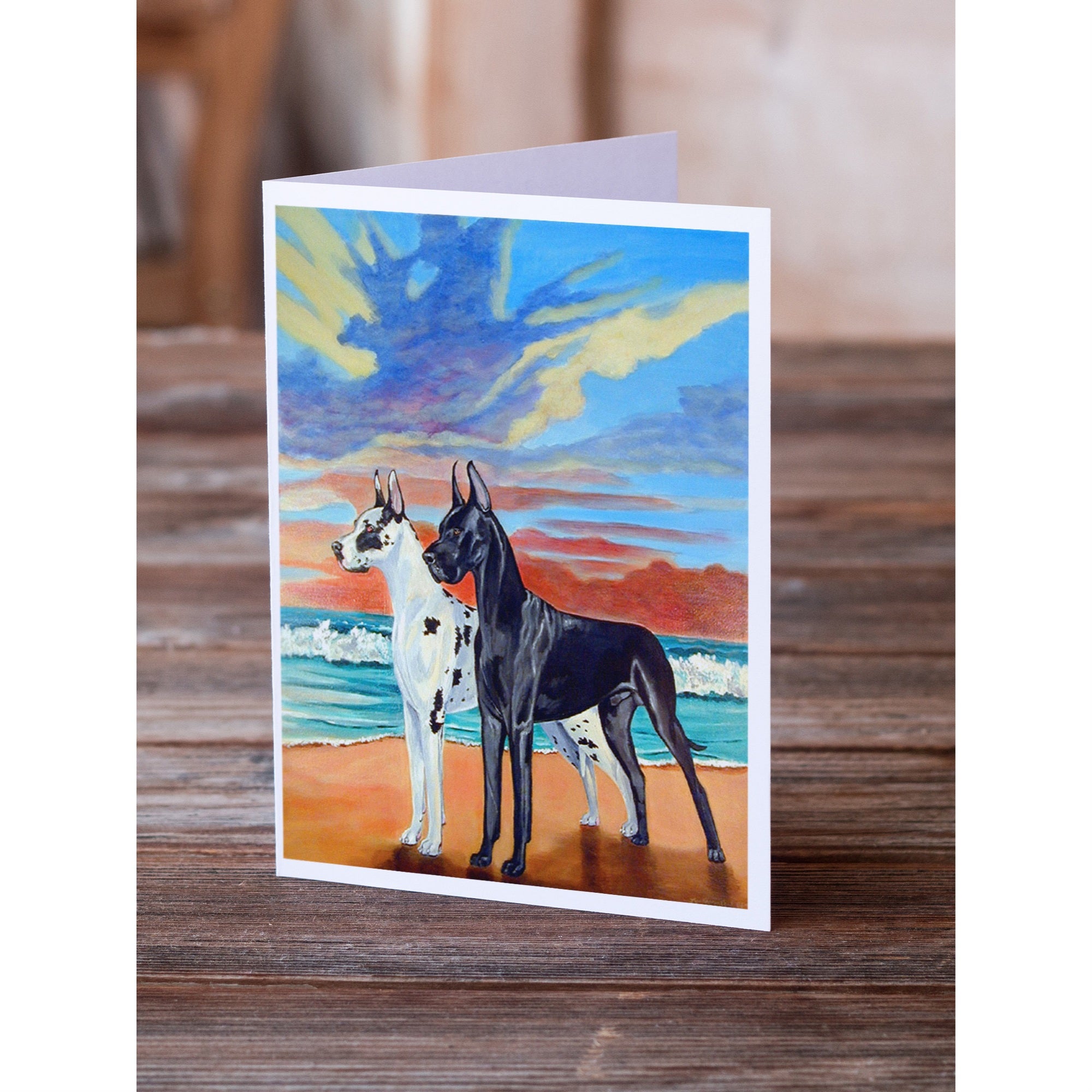 At Sunset Great Dane Harlequin And Black Greeting Cards And Envelopes Pack Of 8