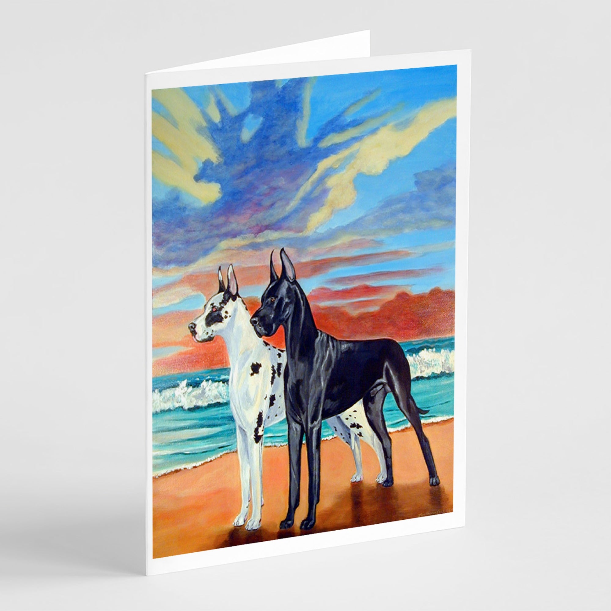 At Sunset Great Dane Harlequin And Black Greeting Cards And Envelopes Pack Of 8