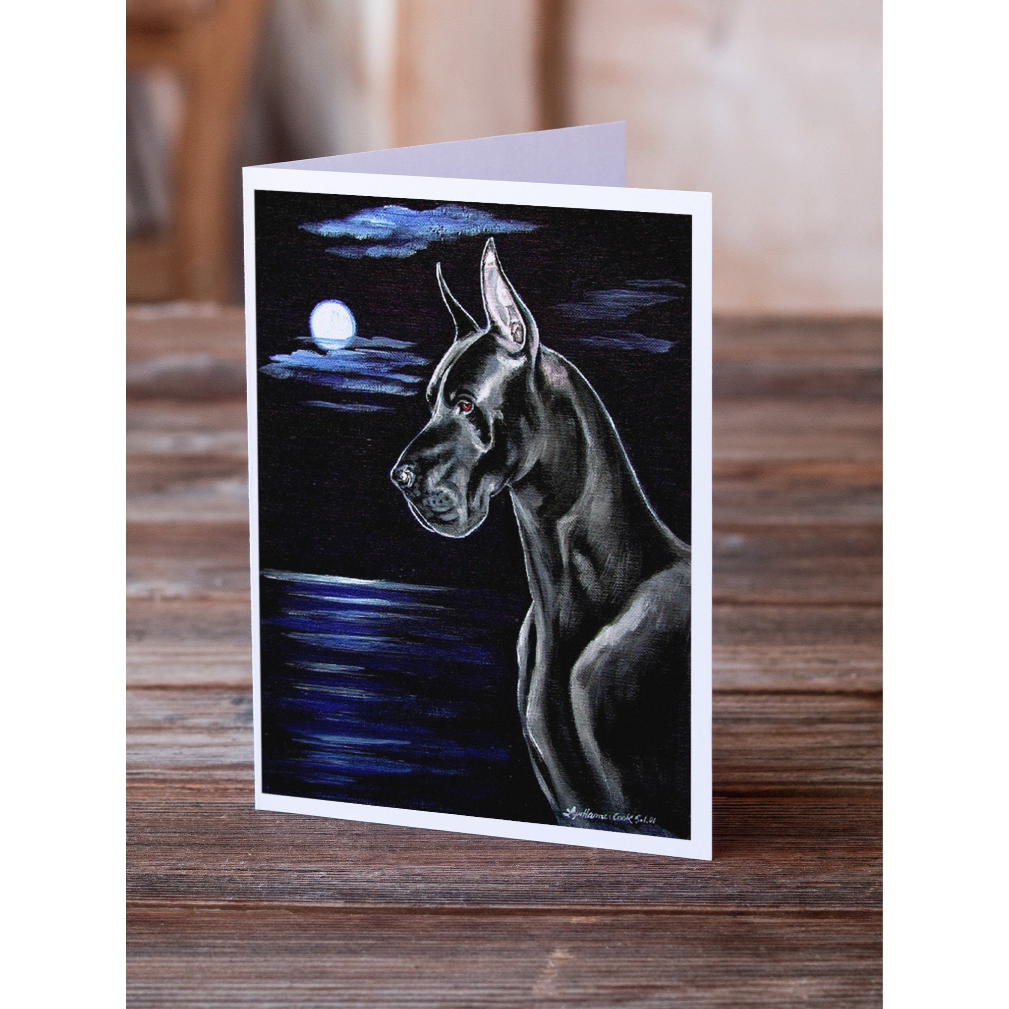 Black Great Dane In The Moonlight Greeting Cards And Envelopes Pack Of 8