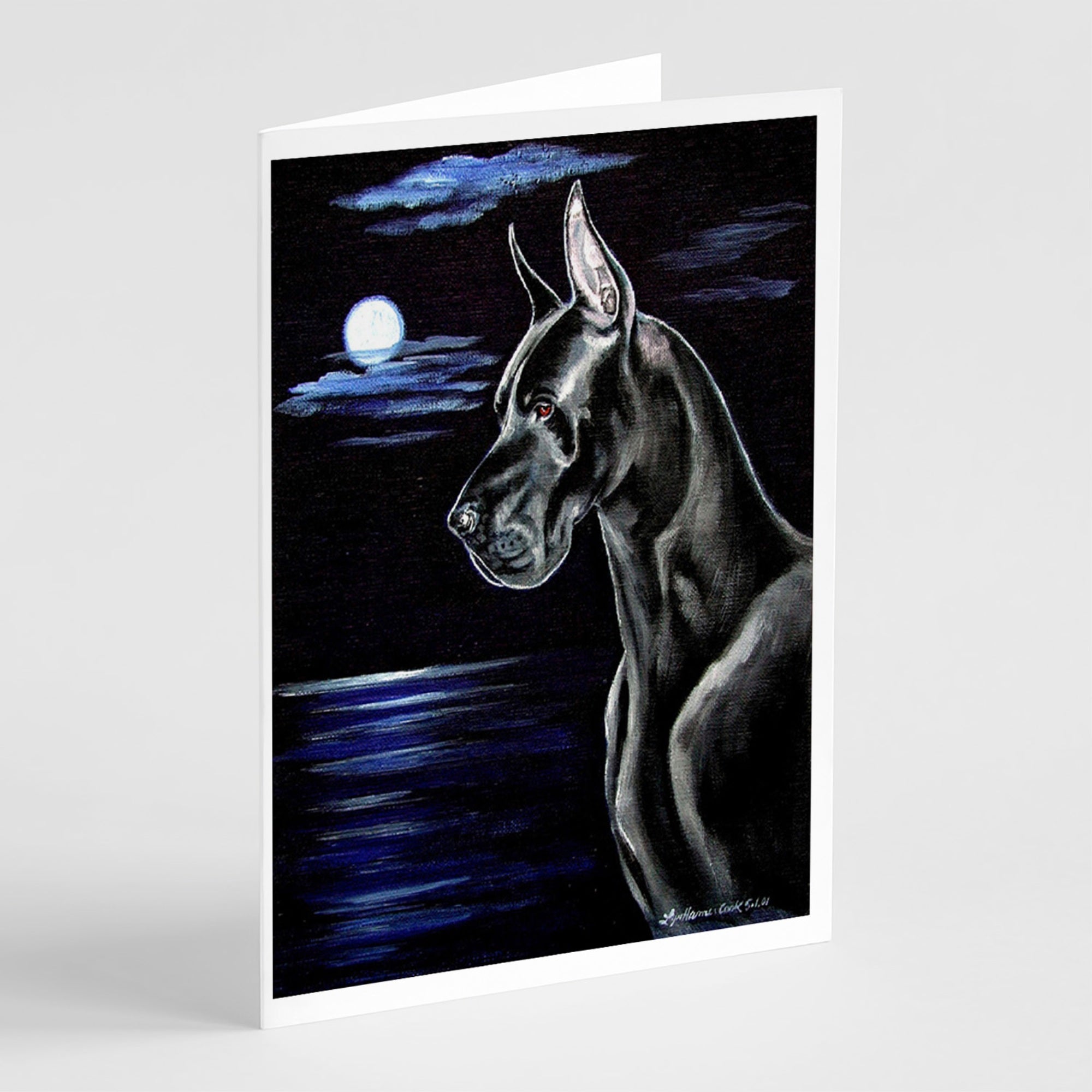 Black Great Dane In The Moonlight Greeting Cards And Envelopes Pack Of 8