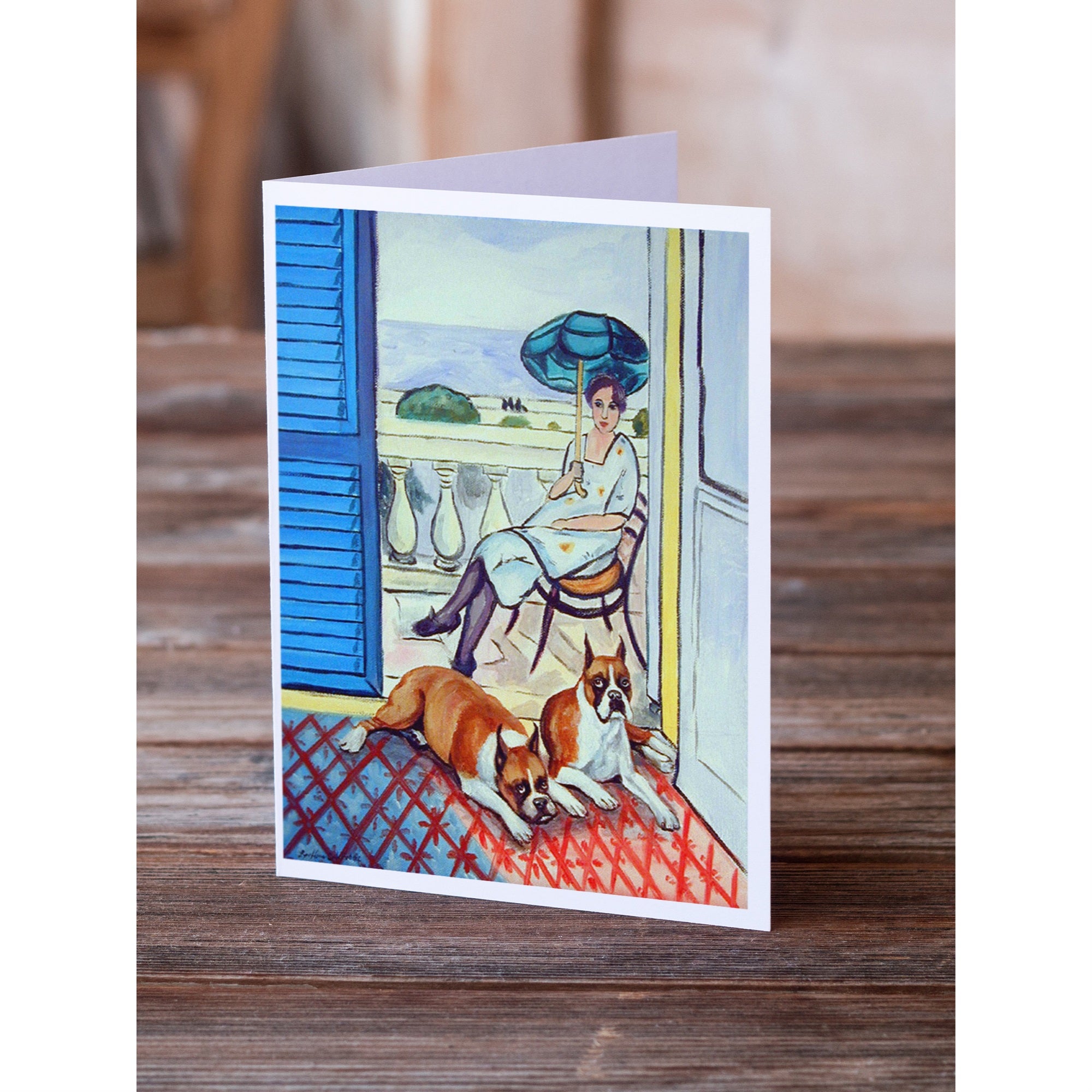 Lady With Her Boxer Greeting Cards And Envelopes Pack Of 8