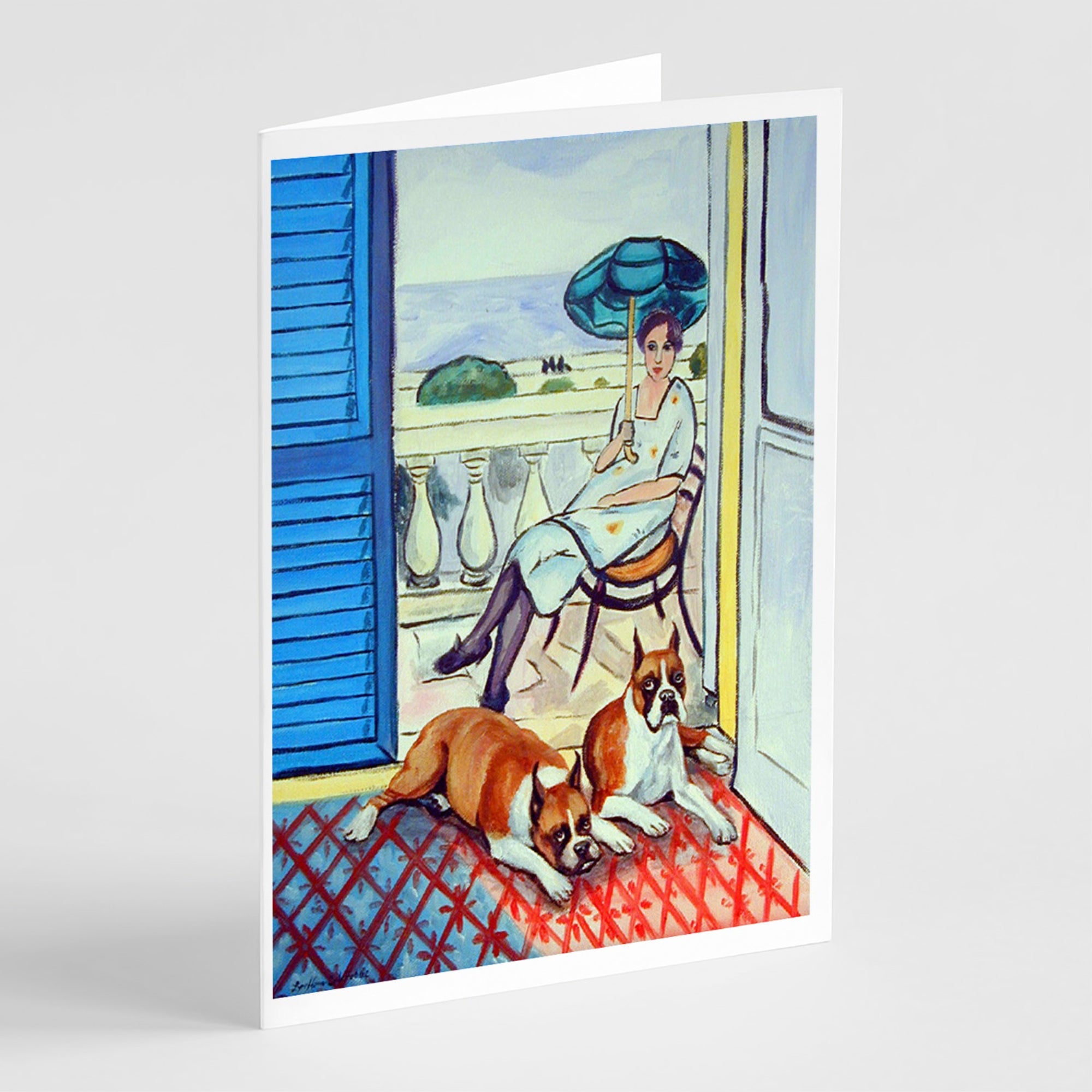 Lady With Her Boxer Greeting Cards And Envelopes Pack Of 8