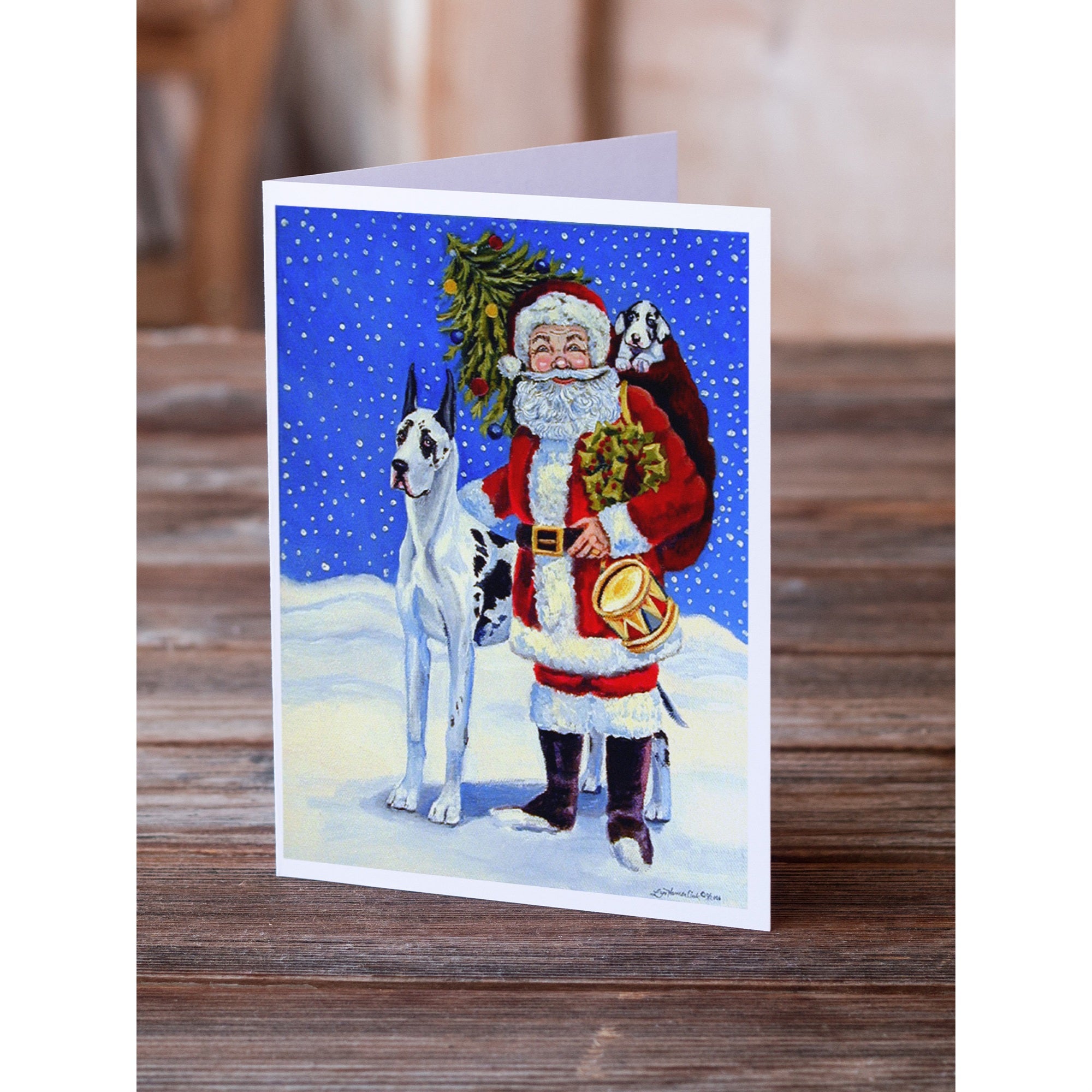 Harlequin Great Dane With Santa Claus Greeting Cards And Envelopes Pack Of 8