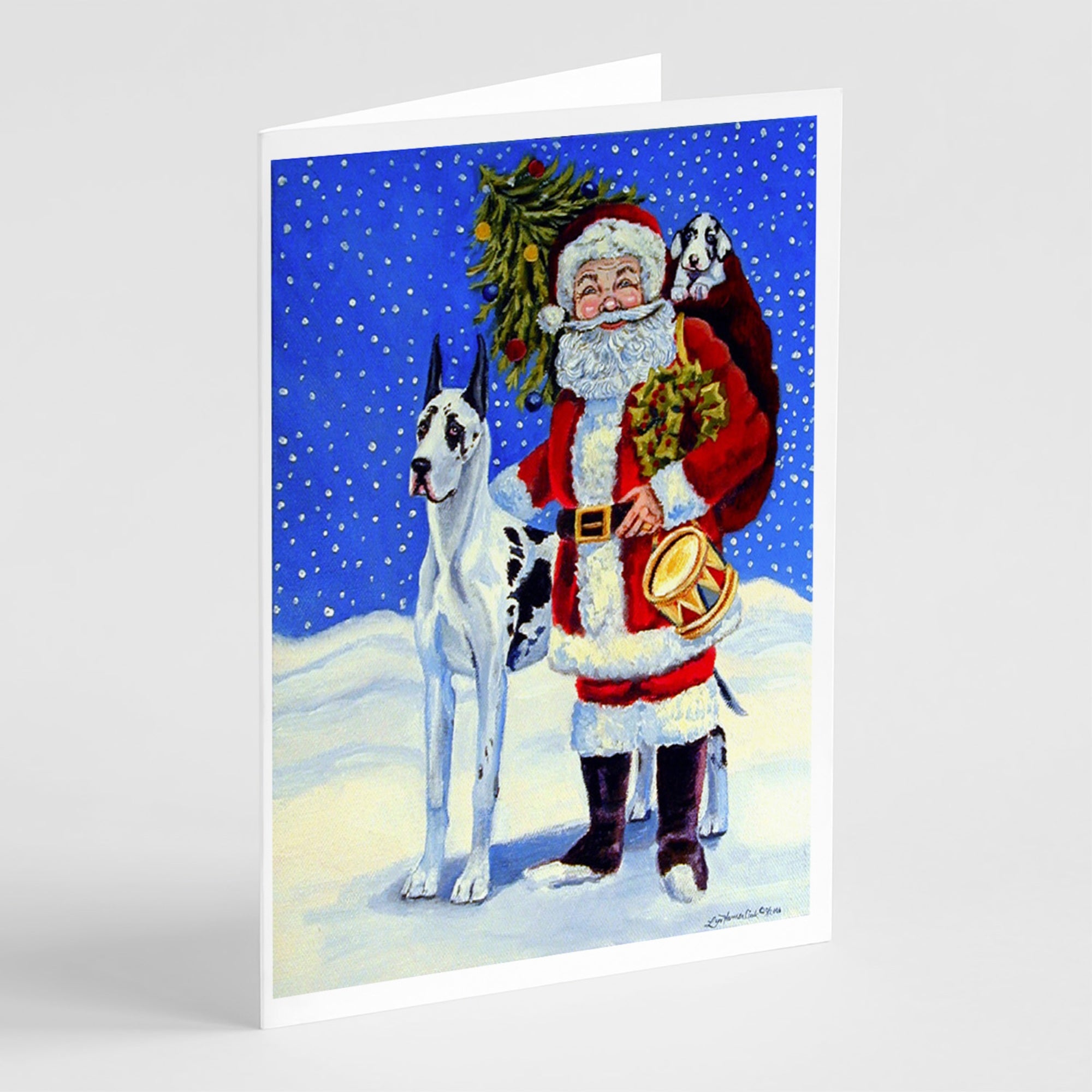 Harlequin Great Dane With Santa Claus Greeting Cards And Envelopes Pack Of 8
