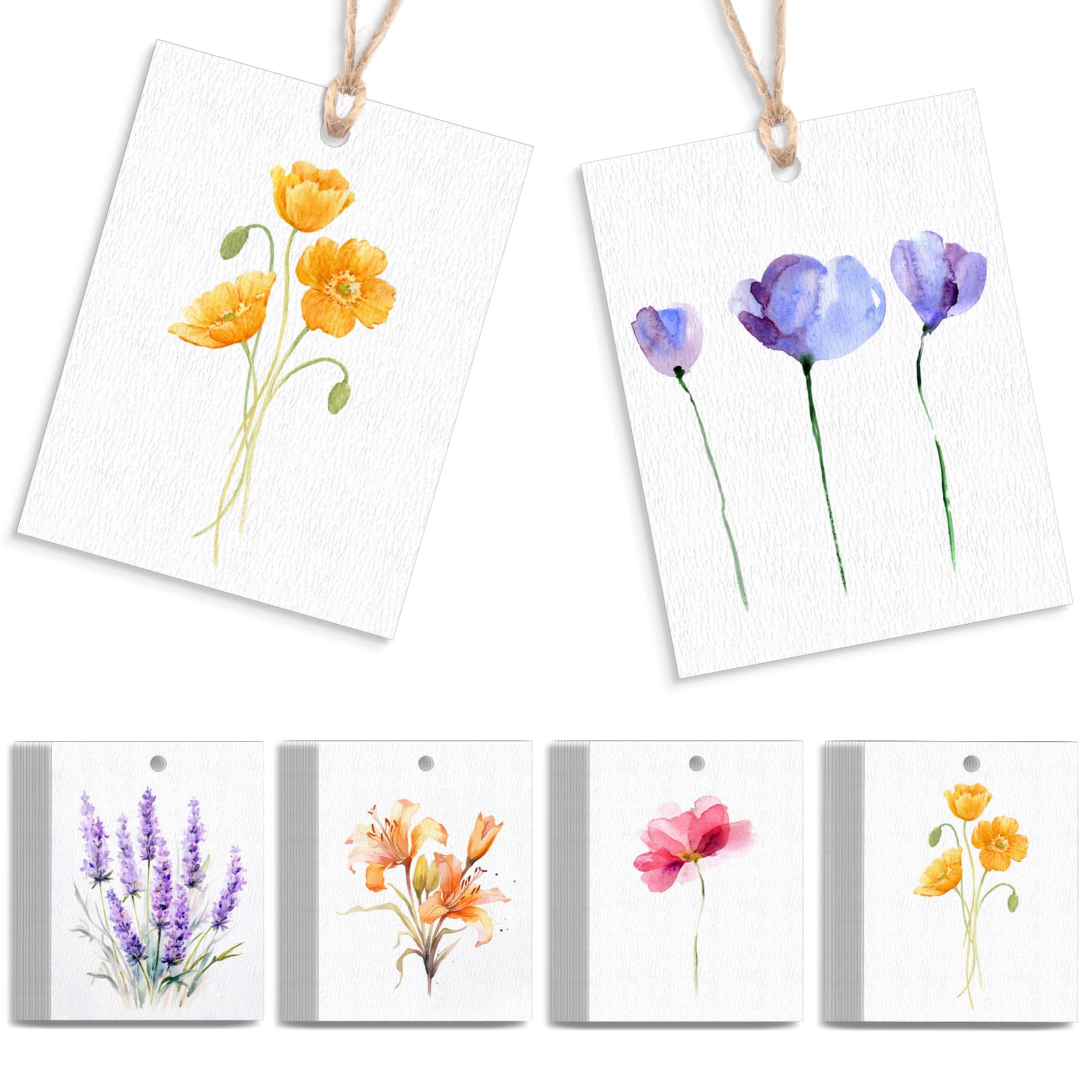 AmazingSpark 50 Set Floral Blank Gift Tags with String, 2 x 3 in Watercolor Floral Xmas Gift Paper Tags Hanging Label Set for 5 