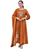 Anni Designer Women'S Rayon Viscose Anarkali Embroidered Kurta With Pant & Dupatta (Kesriya Rust-Vks01_Xl_Rust_X-Large),Rust,XL,,,