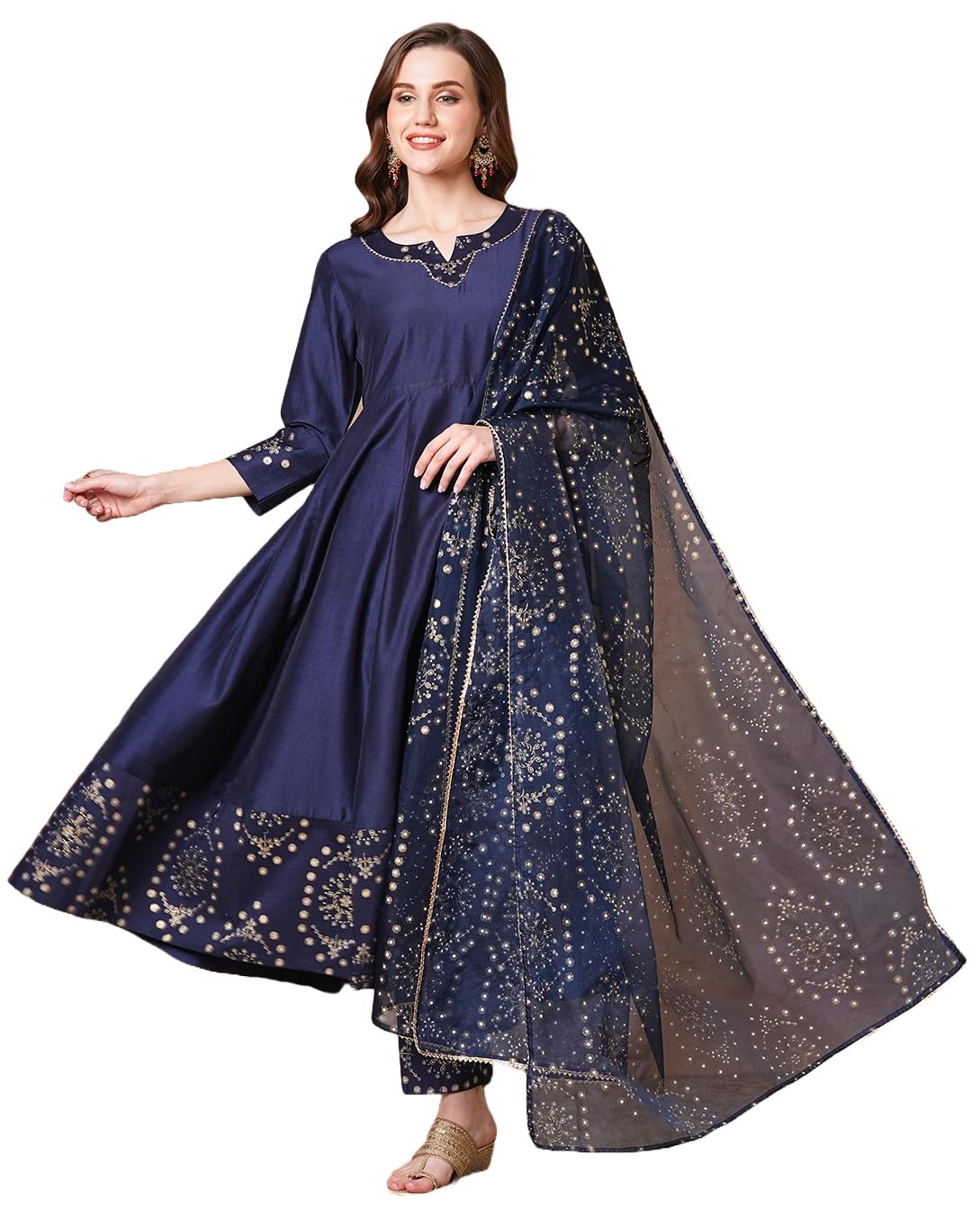 Anni Designer Women'S Rayon Blend Printed Anarkali Kurta With Pant & Dupatta (Varuna Navy_S_Navy Blue_Small),NAVY,S