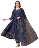 Anni Designer Women'S Rayon Blend Printed Anarkali Kurta With Pant & Dupatta (Varuna Navy_S_Navy Blue_Small),NAVY,S