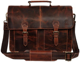 RUSTIC TOWN Handmade 16 inch Brown Leather Shoulder Briefcase Messenger Bag Mens 15.6inch Laptop Satchel
