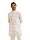 Manyavar Blended Cotton Men's Floral Print Kurta (Cream,L)
