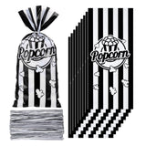 Teling 100 Pcs Popcorn Treat Bags for Party Black White Stripe Cookie Candy Bags with Silver Twist Ties for Circus Carnival Birt