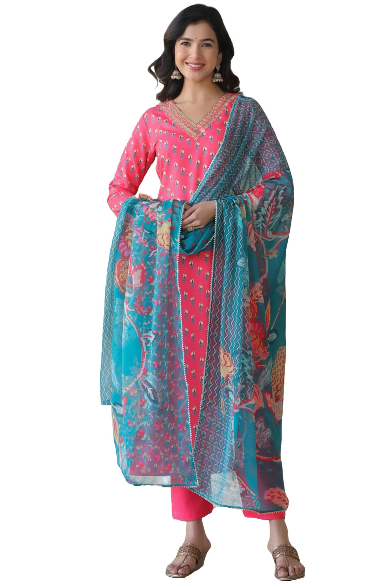 Anni Designer Women'S Cotton Blend Straight Printed Kurta With Pant & Dupatta (Foolkiran Pink_Xl_Pink_X-Large),Pink,XL