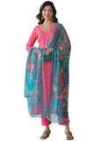 Anni Designer Women'S Cotton Blend Straight Printed Kurta With Pant & Dupatta (Foolkiran Pink_Xl_Pink_X-Large),Pink,XL