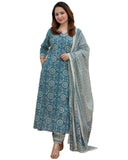 Gosriki Women'S Cotton Blend Block Printed Straight Kurta With Pant & Dupatta (Nihira Blue-Gs_S_Blue_Small),Blue,,B0C543P6KT