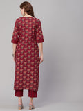 Anni Designer Women'S Cotton Blend Straight Printed Kurta With Pant Set (Jigyasa-Maroon_L_Maroon_Large),Maroon,L,Cotton Blend,Regular,