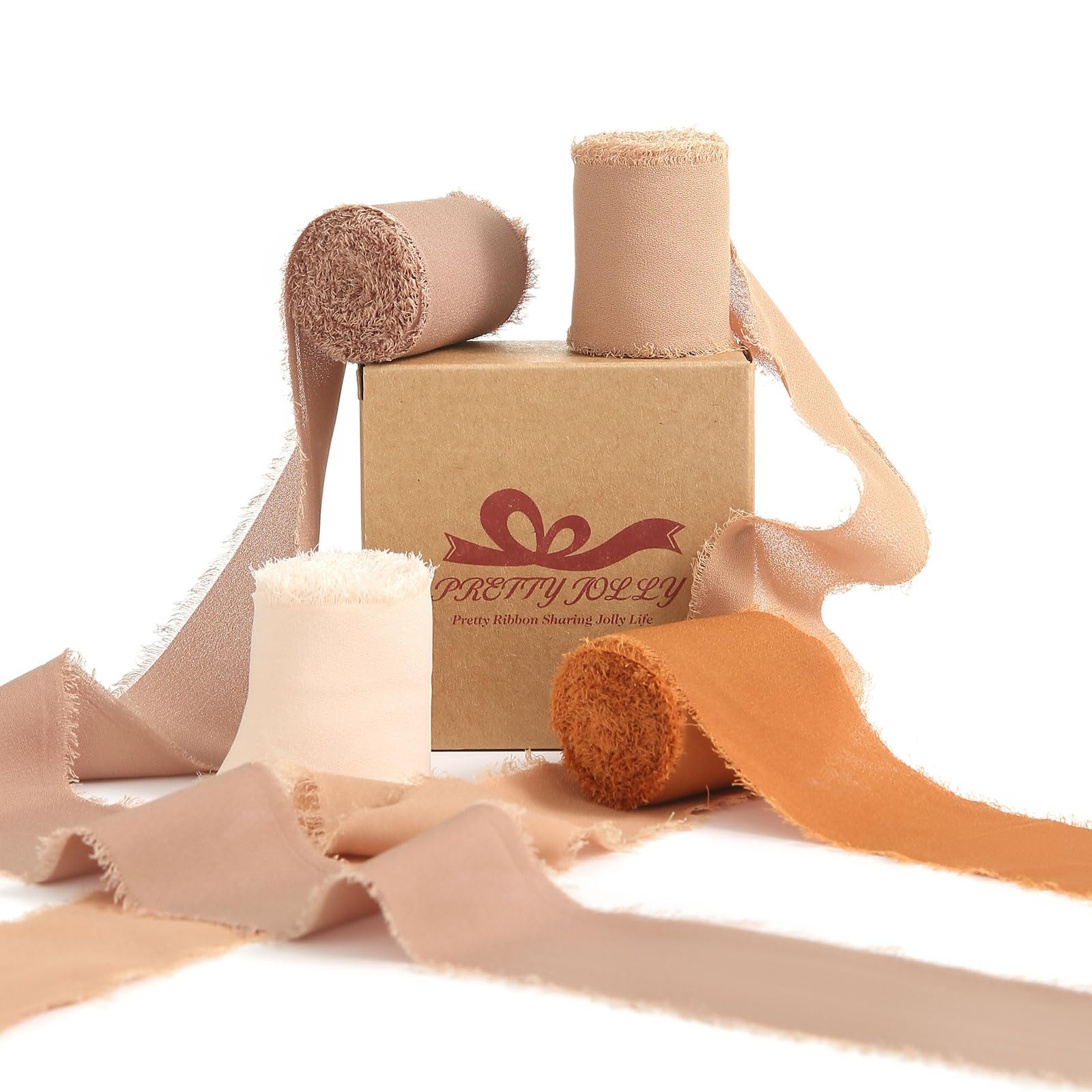 Pretty Jolly Brown Set Chiffon Ribbon for Gift Wrapping 4 Rolls 2 Inch x 5Yd Silk Ribbons Handmade Fringe Fabric Ribbon for Flow