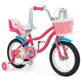 BABY JOY Kids Bike, 14 Inch Children Bicycle w/Basket, Doll Seat, Colorful Streamers, Training Wheels, Adjustable Seat & Handleb