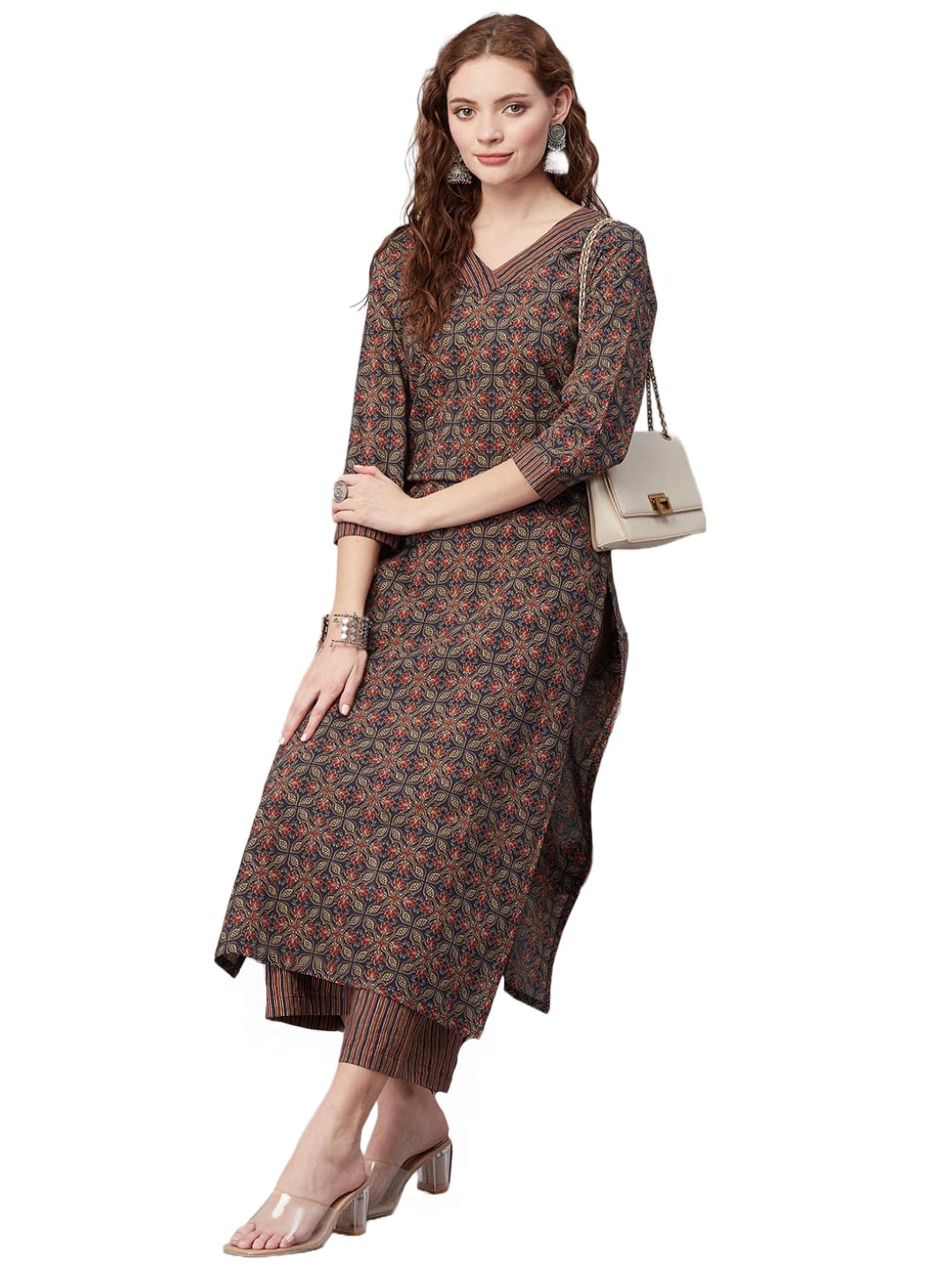 Anni Designer Women'S Cotton Blend Printed Straight Kurta With Pant (Pini Black_L_Black_Large),Blue,L