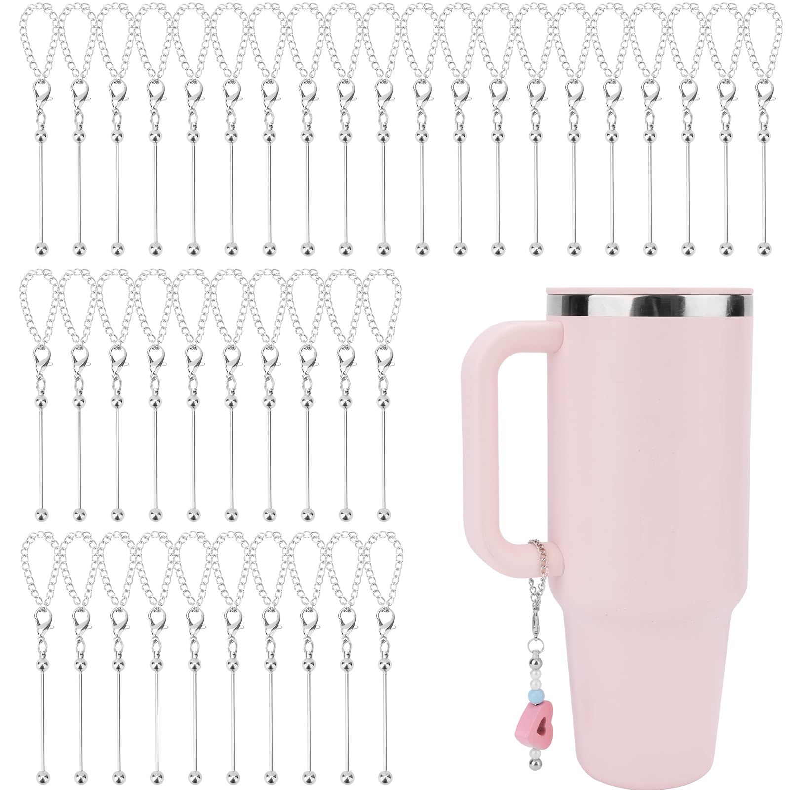 Gosknor 40pcs Beaded Cup Charms Compatible with Stanley Charm Accessories for Tumblers with Handle Cup, Silver Beadable Keychain
