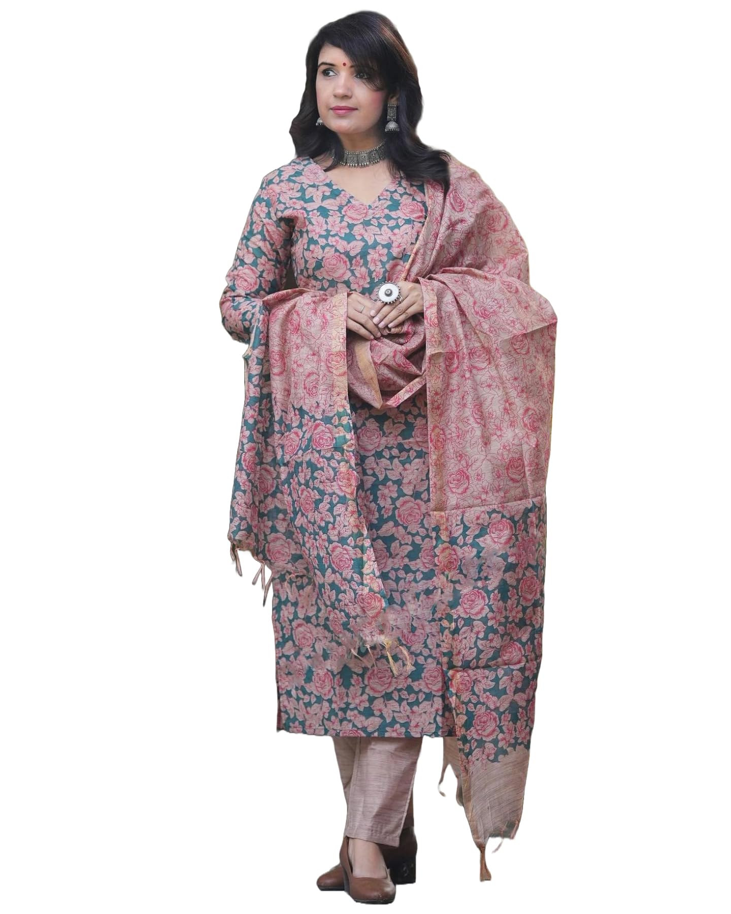 Gosriki Women'S Cotton Blend Printed Straight Kurta With Pant & Dupatta (Moringa Green-Jl-Gs_Xxl_Green_Xx-Large),Green,2,B0D9WFCM3B