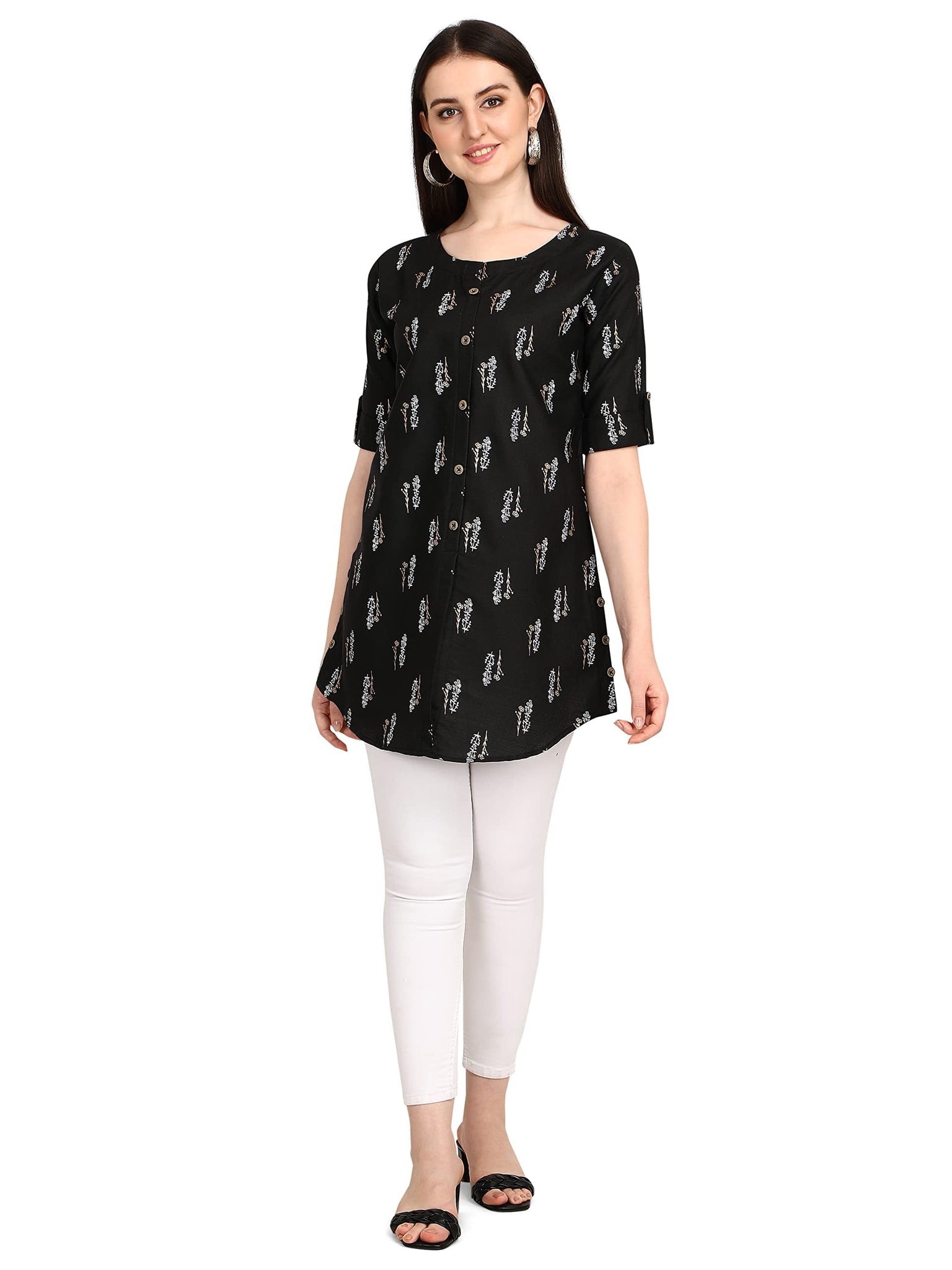 Leriya Fashion Rayon Fabric Printed Round Neck Short Kurtis for Women Top Dresses Kurti for Girls & Ladies Kurtis (Large, Black)