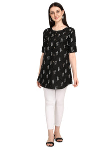 Leriya Fashion Rayon Fabric Printed Round Neck Short Kurtis for Women Top Dresses Kurti for Girls & Ladies Kurtis (Large, Black)