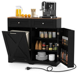SILKYDRY Tilt Out Trash Can Cabinet, Kitchen Island with Charging Station, Adjustable Shelves, 2 Drawers & Barn Doors, 9.25 Gall