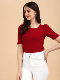 Wedani Women'S Casual Solid Top With Regular Puff Sleeves Western Top (Medium Maroon),Maroon,M,Polyester,Regular,