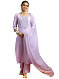 Libas Gerua Womens Embroidered Silk Blend Straight Kurta With Trousers And Dupatta