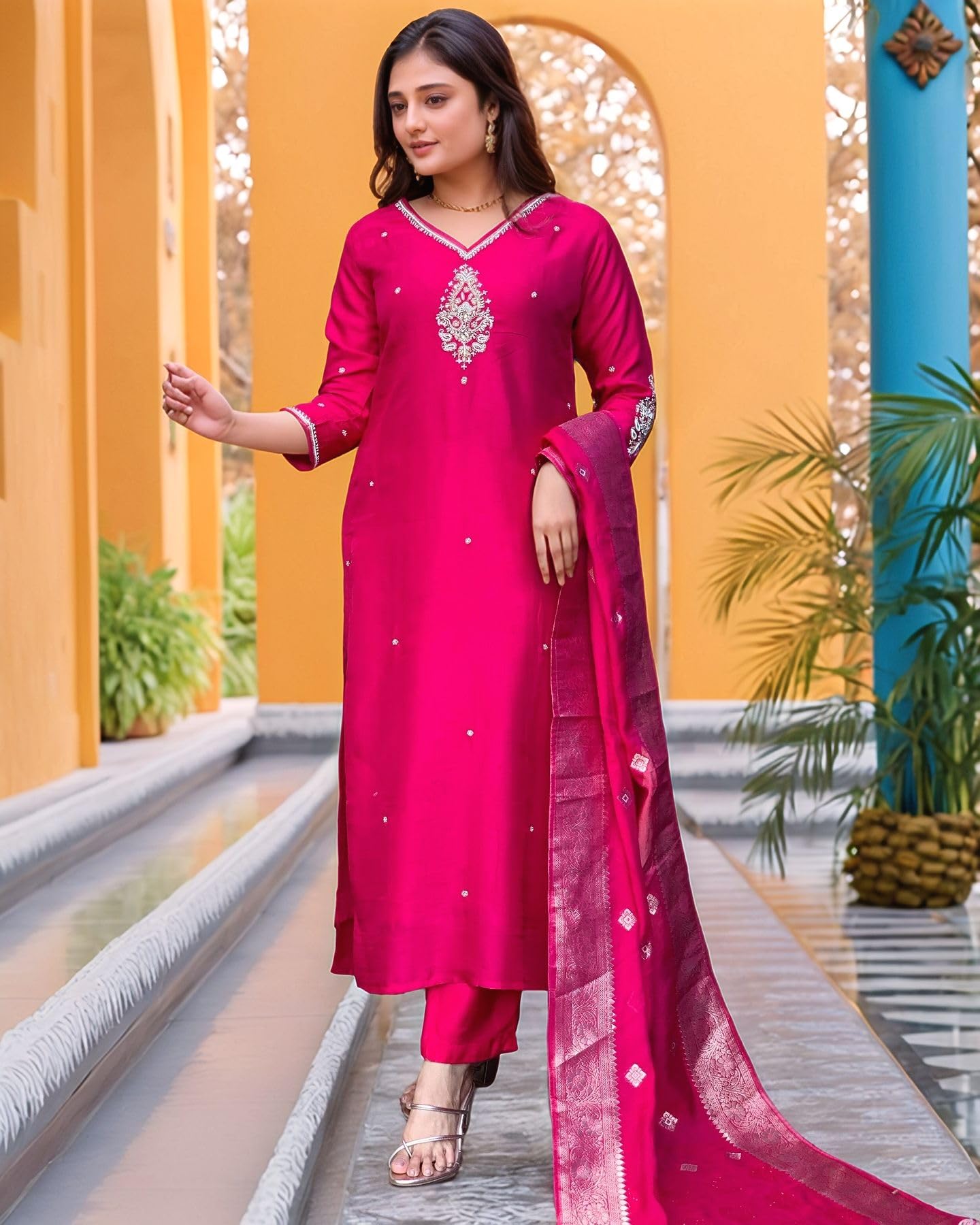 Anni Designer Women'S Silk Blend Straight Embroidered Kurta With Pant & Dupatta (Premium Pink-Vks05_Xl_Pink_X-Large),Pink,XL,Rayon,Regular,