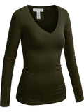 Emmalise Womens Casual Basic VNeck Tshirt Long Sleeves Tee Top Olive, L