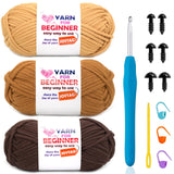 3 Pack Beginners Crochet Yarn Light Brown+Brown+Coffee Cotton Crochet Yarn for Crocheting Knitting Beginners with Easy-to-See St