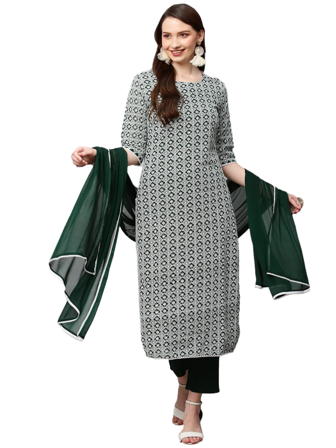 Anni Designer Women'S Cotton Blend Printed Straight Kurta With Pant & Dupatta (Karaga-Green_Xxl_Green_Xx-Large),Green,2XL