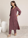 Libas Womens Printed Viscose Straight Kurta With Trousers Maroon Xl