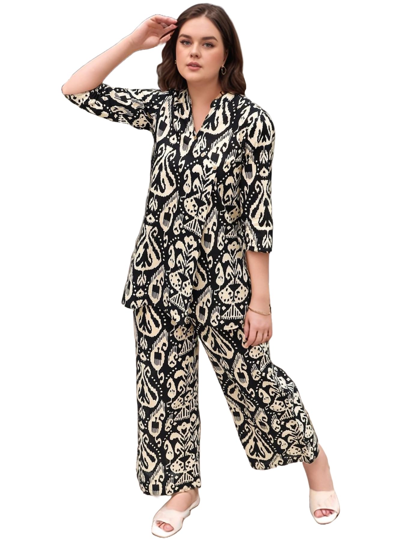 Anni Designer Women'S Cotton Blend Mid Thigh Printed Co-Ord Set (J111 Black Co-Ord-Nv_M_Black_Medium),Black,M