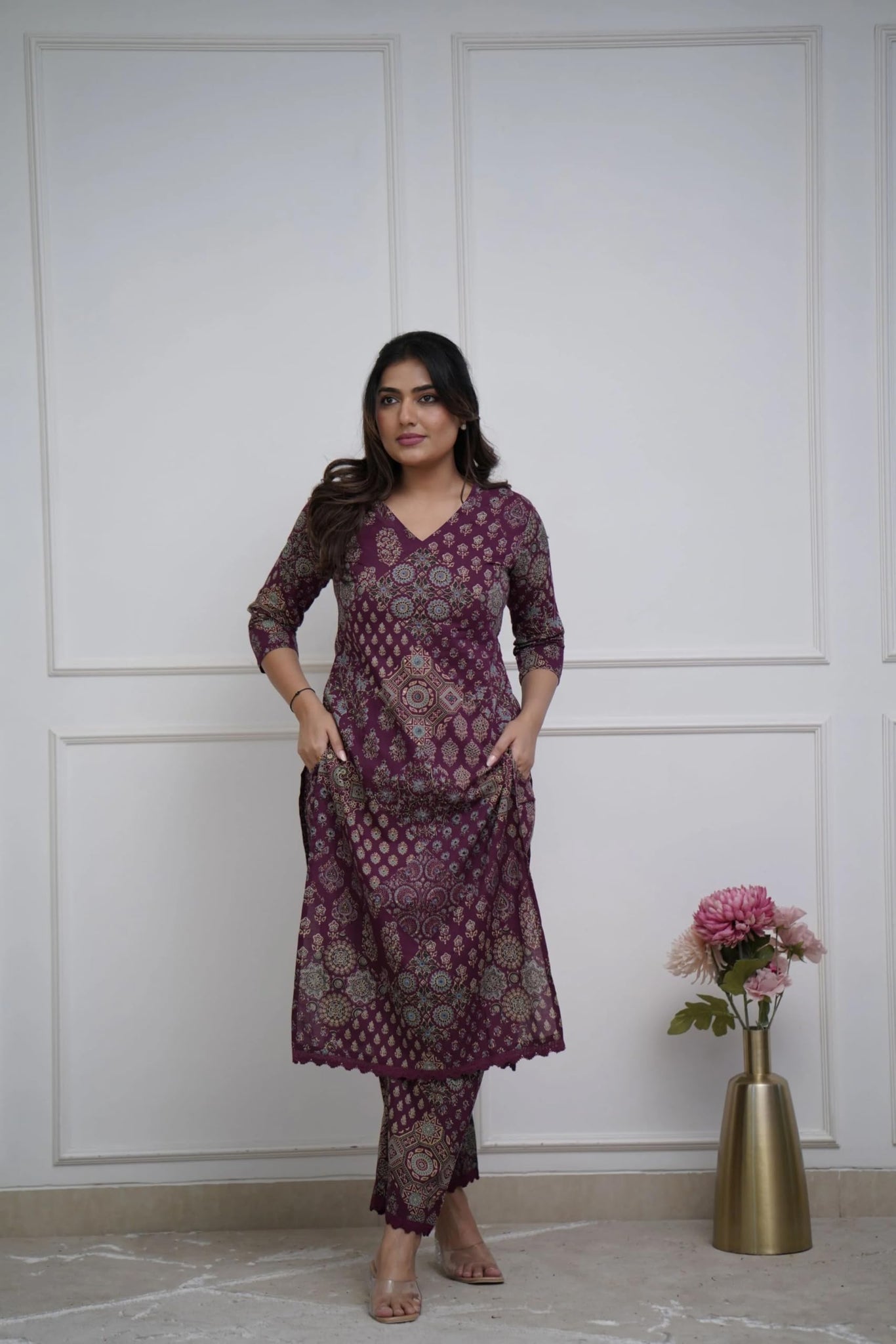 Anni Designer Women'S Rayon Viscose Straight Printed Kurta With Pant (Kadai Wine-Vks01_Xl_Wine_X-Large),Wine,XL,Rayon,Regular,